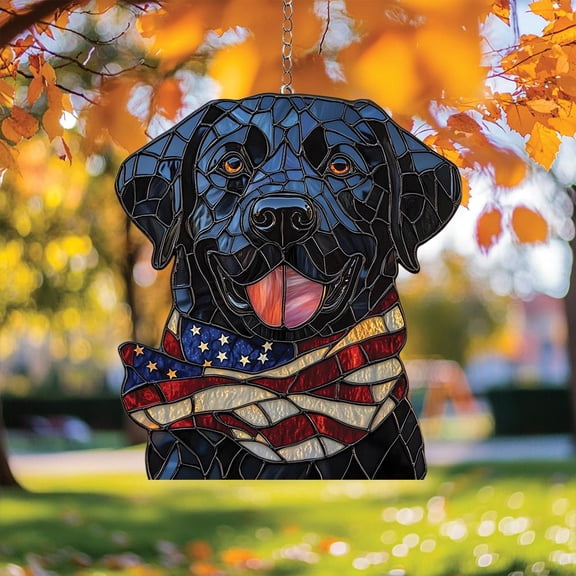 Acrylic Suncatcher Window Hanging 6-12 Inch Personalized Black Lab USA Bandana Custom Name Pet Memorial Stained Glass Effect Shatterproof Faux Stained Glass Window Panel Gift