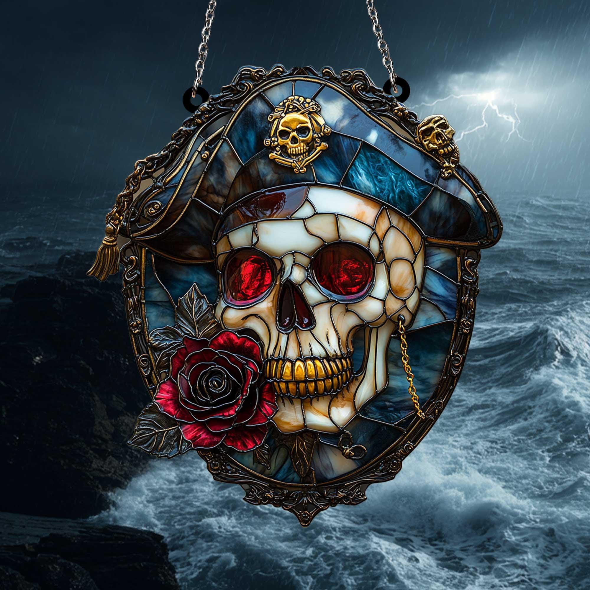 Acrylic Suncatcher Window Hanging 6-12 Inch Pirate Skull Gothic Red Eyes Black Rose Dark Home Stained Glass Effect Shatterproof Faux Glass Panel