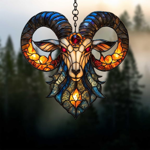 Acrylic Suncatcher Window Hanging 6-12 Inch Ram Head Glowing Horns Red Crystal Eye Gothic Fantasy Occult Stained Glass Effect Shatterproof Window Hanging Gift