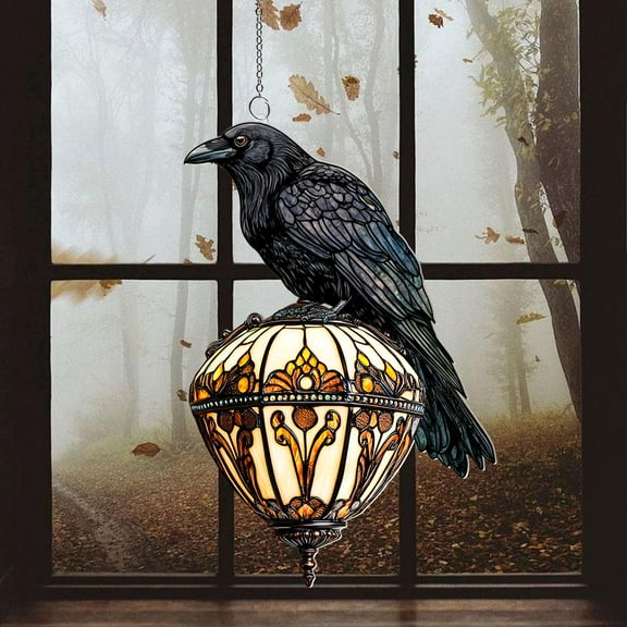 Acrylic Suncatcher Window Hanging 6-12 Inch Raven Gothic Crow on Lamp Halloween Stained Glass Effect Shatterproof Window Decor