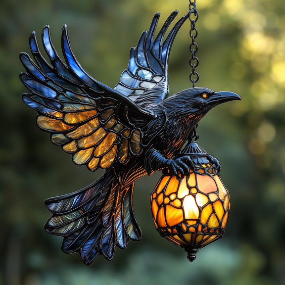 Acrylic Suncatcher Window Hanging 6-12 Inch Raven Lantern Gothic Crow Witchy Autumn Stained Glass Effect Shatterproof Faux Stained Glass Window Hanging Gift