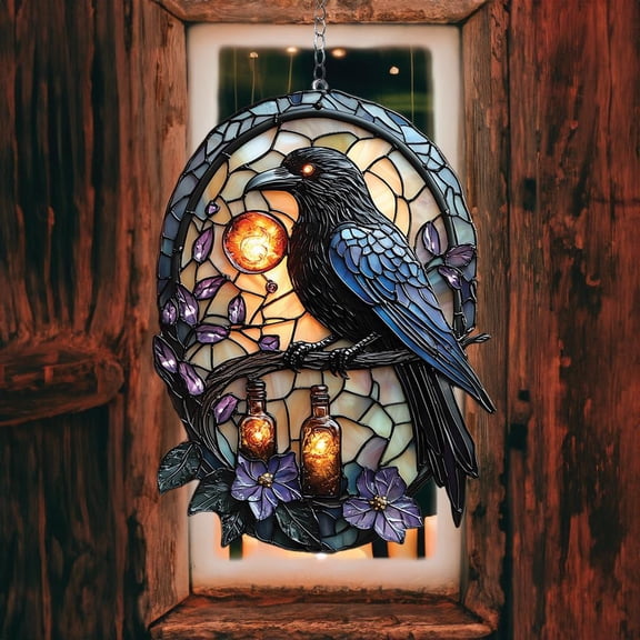 Acrylic Suncatcher Window Hanging 6-12 Inch Raven and Potion Bottle Magic Orb Flowers Spell Aesthetic Witchy Gothic Stained Glass Effect Shatterproof Window Hanging Gift