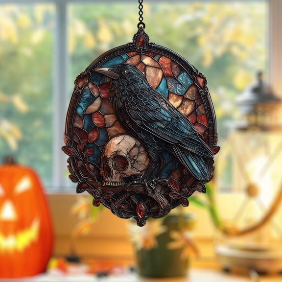 Acrylic Suncatcher Window Hanging 6-12 Inch Raven on Skull Dark Gothic Frame Occult Raven Decor Stained Glass Effect Shatterproof Faux Stained Glass Window Hanging Gift