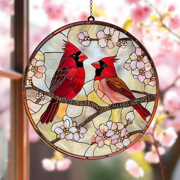 Acrylic Suncatcher Window Hanging 6-12 Inch Red Cardinal Couple Memorial Christmas Cardinal Lover Home Decor Stained Glass Effect Shatterproof Acrylic Window Hanging