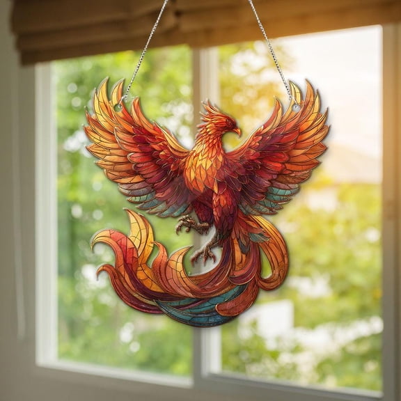 Acrylic Suncatcher Window Hanging 6-12 Inch Rising Phoenix Fire Bird Mythical Creature Fantasy Rebirth Symbol Stained Glass Effect Shatterproof Window Hanging Gift