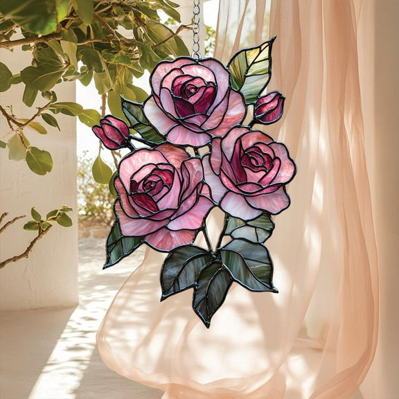 Acrylic Suncatcher Window Hanging 6-12 Inch Rose Personalized Birth Flower Gardening Rose Lovers Gift for Her Stained Glass Effect Shatterproof Faux Stained Glass Window Hanging