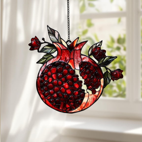 Acrylic Suncatcher Window Hanging 6-12 Inch Ruby Pomegranate Fruit And Flower Mediterranean Kitchen Mothers Day Friends Stained Glass Effect Shatterproof Window Ornament Gift Idea