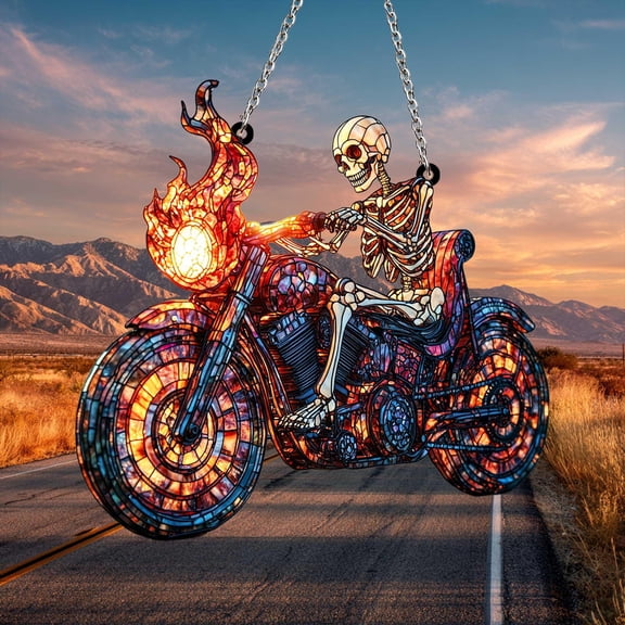 Acrylic Suncatcher Window Hanging 6-12 Inch Skeleton Biker Flaming Motorcycle Halloween Stained Glass Effect Shatterproof Faux Glass Art Window Decoration