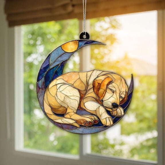 Acrylic Suncatcher Window Hanging 6-12 Inch Sleeping Labrador Puppy Moon Pet Loss Memorial Sympathy Dog Lover Stained Glass Effect Shatterproof Window Hanging