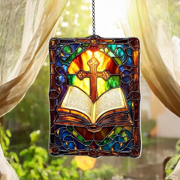 Acrylic Suncatcher Window Hanging 6-12 Inch Stained Glass Cross and Bible Christian Religious Home Decor Stained Glass Effect Shatterproof Window Hanging