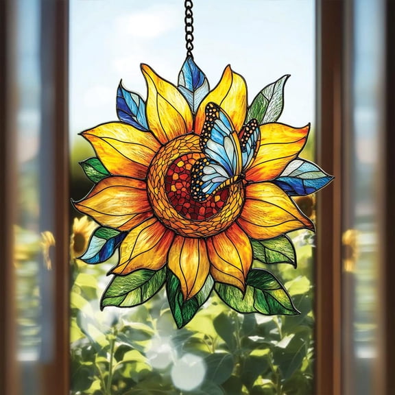 Acrylic Suncatcher Window Hanging 6-12 Inch Sunflower Faux Stained Glass Floral Pendant Kitchen Living Room Perfect Gift Stained Glass Effect Shatterproof Window or Wall
