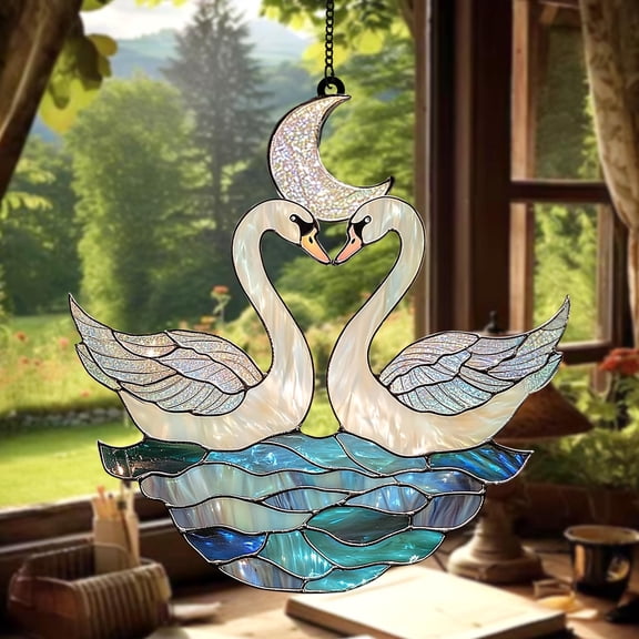 Acrylic Suncatcher Window Hanging 6-12 Inch Swan Couple Romantic Swan Ornament Wedding Engagement Valentines Day Stained Glass Effect Shatterproof Window Hanging Gift