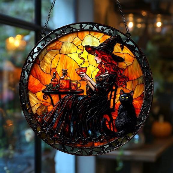 Acrylic Suncatcher Window Hanging 6-12 Inch Tea Time Redhead Witch Halloween Cat Gothic Wiccan Home Stained Glass Effect Shatterproof Faux Stained Glass Window Hanging Gift
