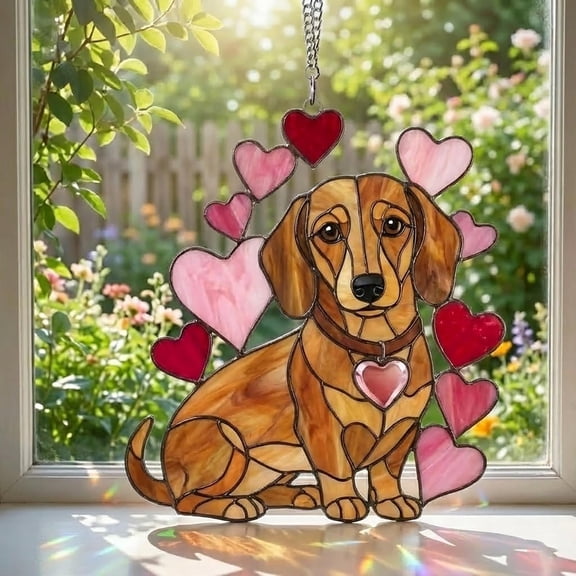 Acrylic Suncatcher Window Hanging 6-12 Inch Valentine Dachshund Heart Pattern Puppy Lover Romantic Gift for Her Stained Glass Effect Shatterproof Window Hanging