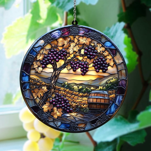 Acrylic Suncatcher Window Hanging 6-12 Inch Vineyard Sunset Italian Countryside Grapes Barrels Hills Rustic Wine Lovers Stained Glass Effect Shatterproof Faux Glass Window Decor