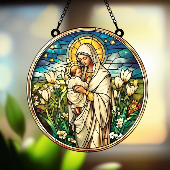 Acrylic Suncatcher Window Hanging 6-12 Inch Virgin Mary and Baby Jesus Catholic Flower Halo Light Peaceful Spiritual Prayer Stained Glass Effect Shatterproof Window Hanging Decor