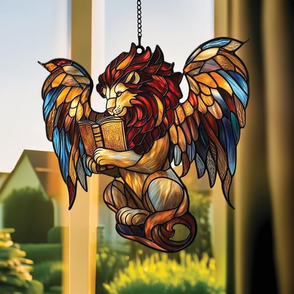 Acrylic Suncatcher Window Hanging 6-12 Inch Winged Lion Book Regal Wings Fantasy Wisdom Stained Glass Effect Shatterproof Faux Stained Glass Window Hanging Decor