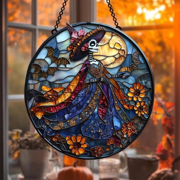 Acrylic Suncatcher Window Hanging 6-12 Inch Witch Skeleton Dia de los Muertos Lady Bats Full Moon Autumn Halloween Stained Glass Effect Shatterproof Faux Glass Window Decor