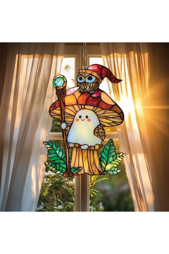 Acrylic Suncatcher Window Hanging 6-12 Inch Wizard Ghost and Owl Mushroom Cap Crystal Staff Ferns Fantasy Cottagecore Stained Glass Effect Shatterproof Window Hanging Decor Gift