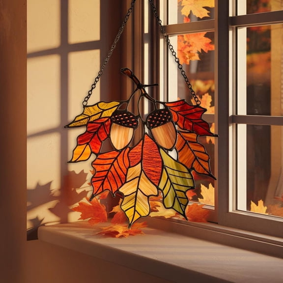 Acrylic Suncatcher Window Hanging 6-12 Inch Woodland Acorn Oak Leaf Fall Harvest Rustic Autumn Thanksgiving Stained Glass Effect Shatterproof Window Hanging Gift