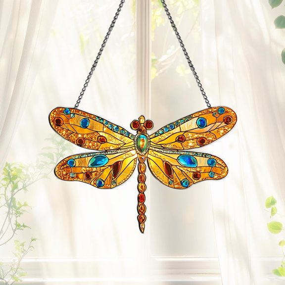 Acrylic Suncatcher Window Hanging Decoration, Golden Dragonfly Blue Gem Wings Lightcatcher