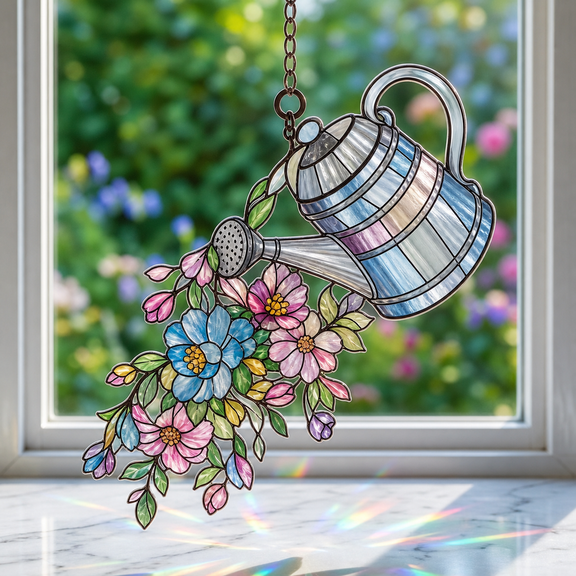 Acrylic Suncatcher Window Hanging Watering Can Floral Gift for Mom Dad Garden Lovers
