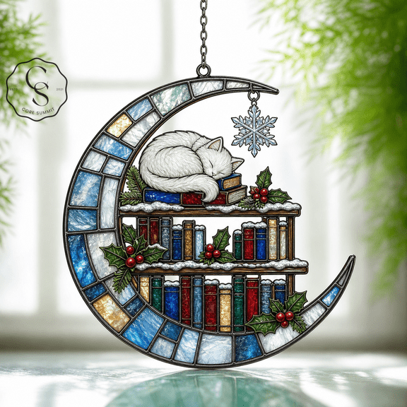 Acrylic Suncatcher Winter Snowflake Cat Library Acrylic Window Hanging for Christmas Decor