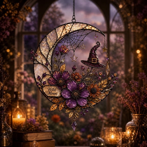 Acrylic Suncatcher Witch Moon Wildflower Window Decor for Gothic Home
