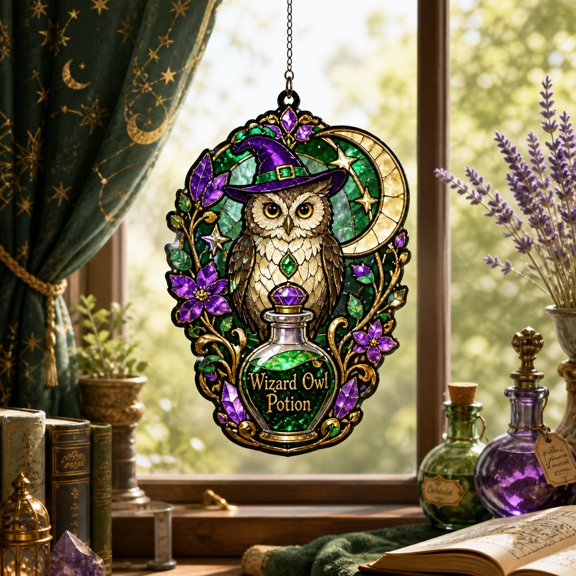 Acrylic Suncatcher Wizard Owl Potion Window Decor for Fantasy