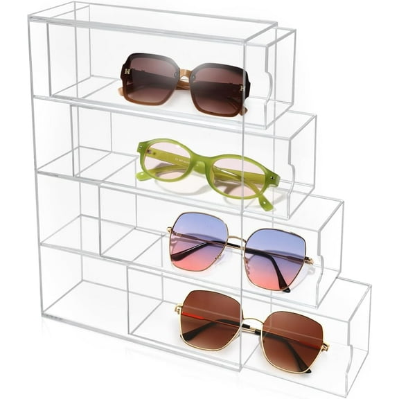 Acrylic Sunglass Organizer Transparent with 4 Drawer Glasses Case, Multipurpose Eyeglass Holder Storage, Clear Eyeglasses Organizer Tray for Sunglasses Fashion Eye Wear, Reading Glasses,