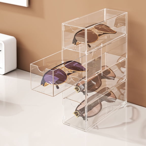 Acrylic Sunglasses Organizer 4 Drawer Eyeglass Storage Case, Stackable Eyewear Display Box Dustproof Accessory Organizer, Clear Drawer Holder for Vanity Dresser Bedroom Office Countertop