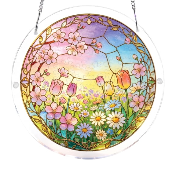 Acrylic Sunshine Catcher Puzzle Hanging Decoration, Spring Meadow Floral Design, Light-Refraction Wall Art for Windows & Ceilings, Home Office Nursery Decor