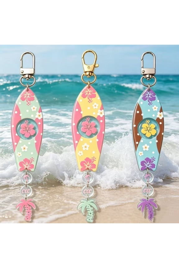 Acrylic Surfboard Keychain Set of 3, Tropical Hibiscus Palm Tree Beach Keychain, Lightweight Key Ring for Backpack Bag Car Keys (Q)