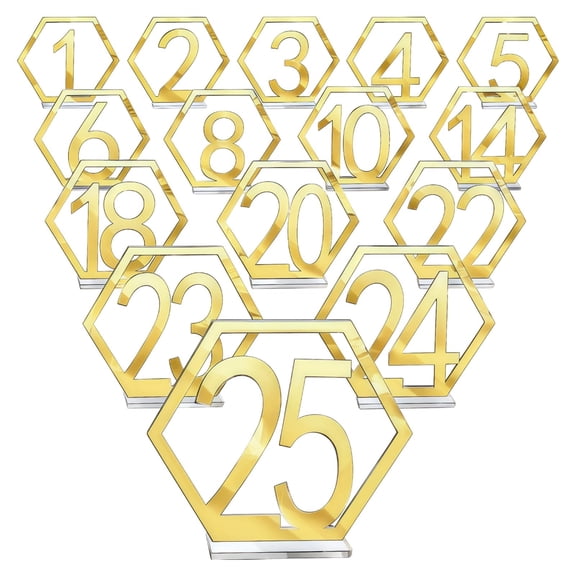 Acrylic Table Numbers 1-25, Hexagon Hollow Out, Reflective Gold Finish, Modern Geometric Design With Holders, For Weddings, Parties, Restaurants, Events