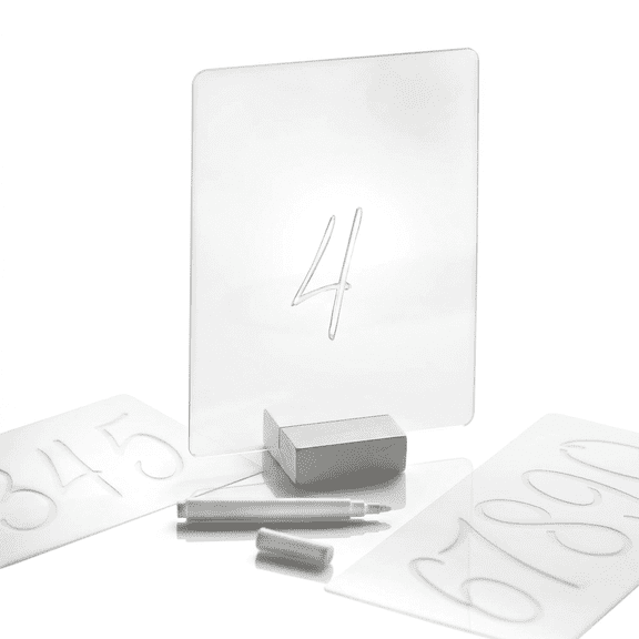 Acrylic Table Numbers Sign Set with Stencils and Marker - Clear Reusable Table Signs with Silver Bases, Modern Wedding Reception Decor, 8 Pack 7 x 5.5 in