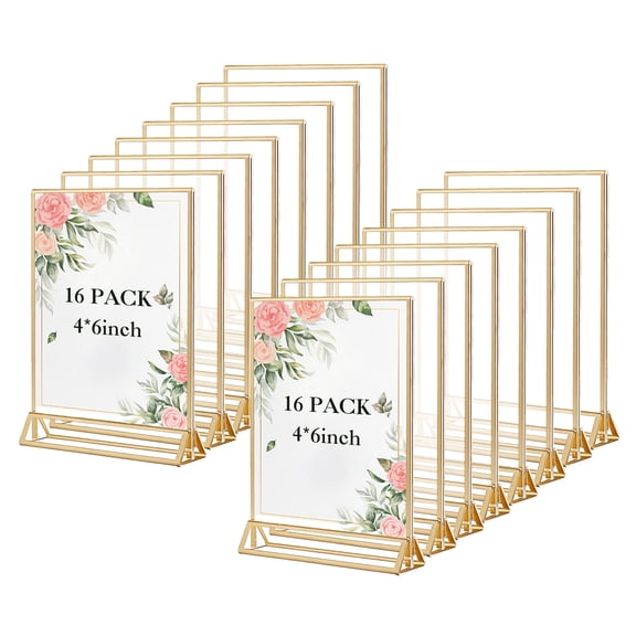 Acrylic Table Sign Holders, Double-Sided Clear Display Stands with Base, Vertical Sign Holder for Wedding, Table Numbers, Menu & Photos (16 Pack 4x6 Gold Frame)