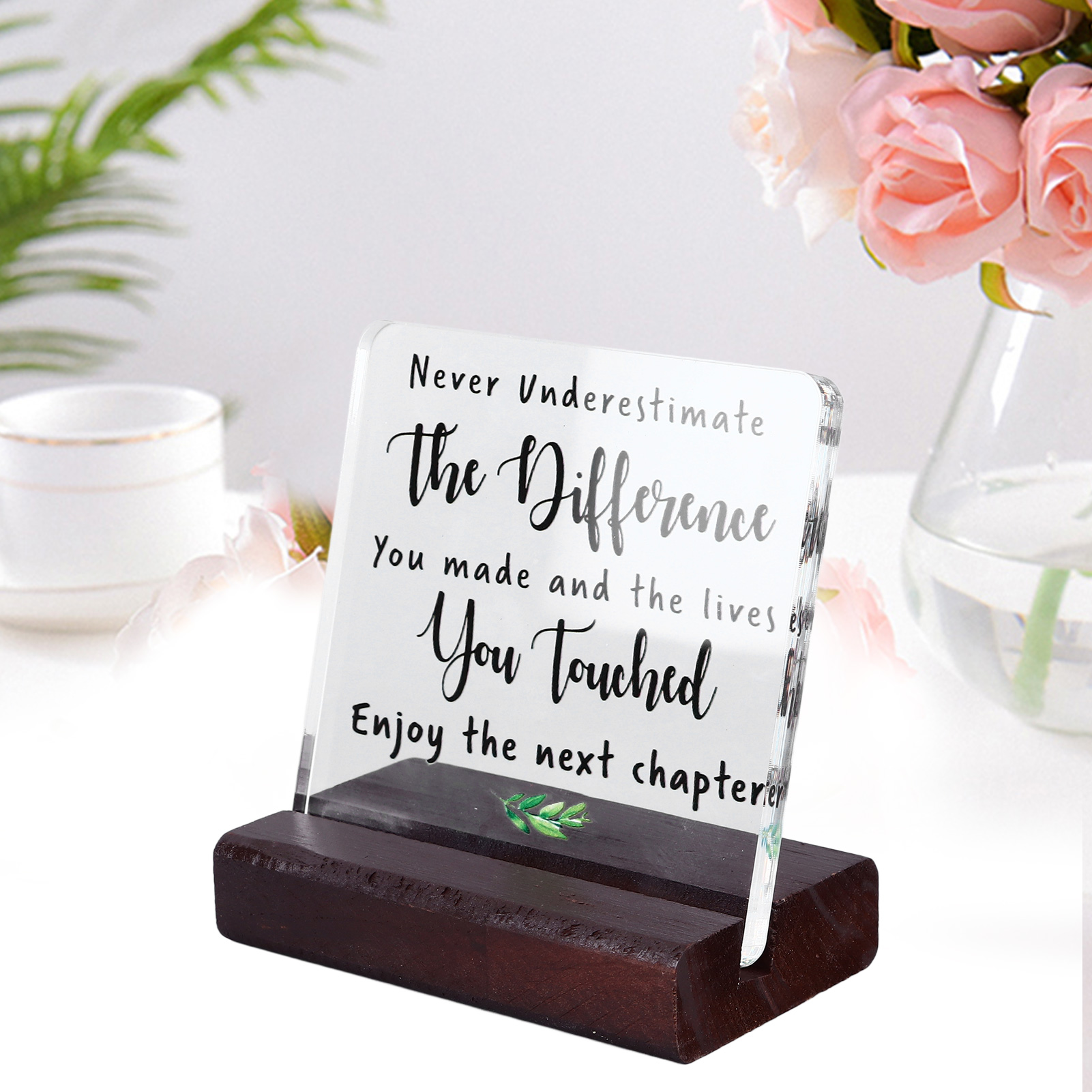 Acrylic Tabletop Sign, Wooden Holder Base Clear Print Acrylic Signage