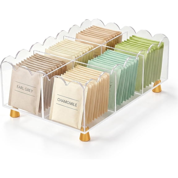 Acrylic Tea Bag Organizer, 6 Spacious Compartments Tea Bag Holder, Clear Scalloped Edge with Gold Accent Feet, Tea Storage Box for Countertop, Pantry, Cabinet, Sugar Packets