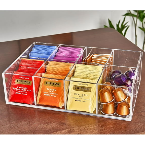 Acrylic Tea Bag Organizer - Clear Tea Storage Box with 8 Compartments, Coffee Pod Holder, Modern Tea Display Stand