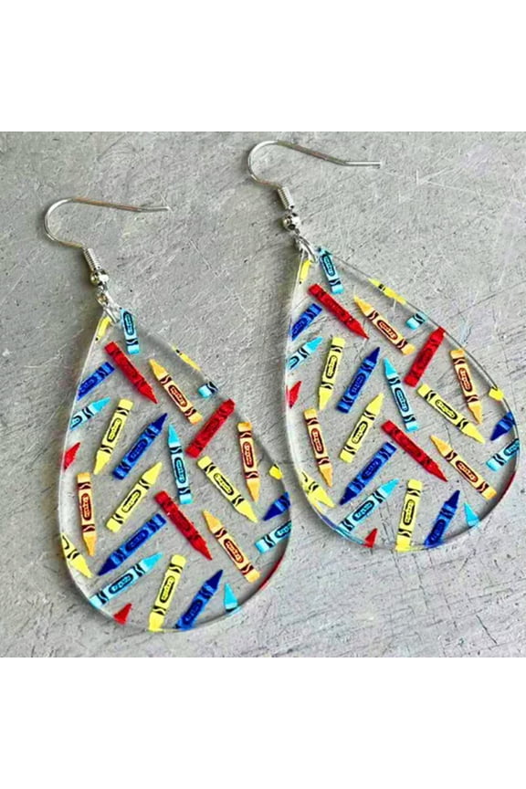 Acrylic Teardrop Back to School Pencil Pastel Numbers Print Teacher Day Earrings