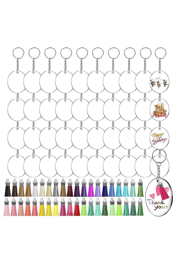 Acrylic Transparent Key Ring Set, Key Fob Clear Acrylic Blank Pendants with Tassels Key Ring Jump Rings,Transparent & Color