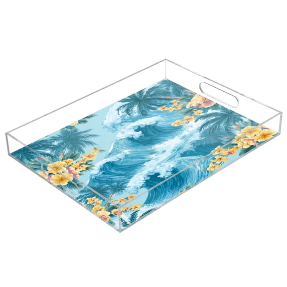 Acrylic Tray 15.7*11.8*1.9 Inch Transparent Tray Food Tray Tea Cup Tray Serving Trays Cosmetics Storage Kitchen Table Bathroom Sundry Storage Artistic Waves