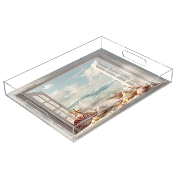 Acrylic Tray 15.7*11.8*1.9 Inch Transparent Tray Food Tray Tea Cup Tray Serving Trays Cosmetics Storage Kitchen Table Bathroom Sundry Storage Beach Open Window View