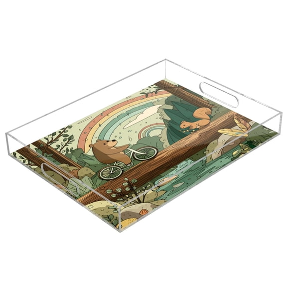 Acrylic Tray 15.7*11.8*1.9 Inch Transparent Tray Food Tray Tea Cup Tray Serving Trays Cosmetics Storage Kitchen Table Bathroom Sundry Storage Bear and Squirrel
