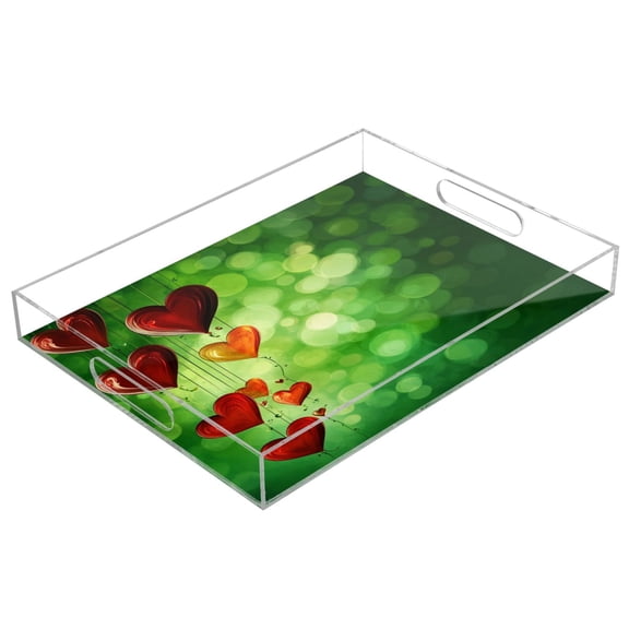 Acrylic Tray 15.7*11.8*1.9 Inch Transparent Tray Food Tray Tea Cup Tray Serving Trays Cosmetics Storage Kitchen Table Bathroom Sundry Storage Beautiful Green Love Pattern