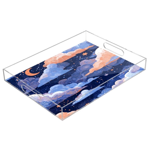 Acrylic Tray 15.7*11.8*1.9 Inch Transparent Tray Food Tray Tea Cup Tray Serving Trays Cosmetics Storage Kitchen Table Bathroom Sundry Storage Beautiful Blue Clouds