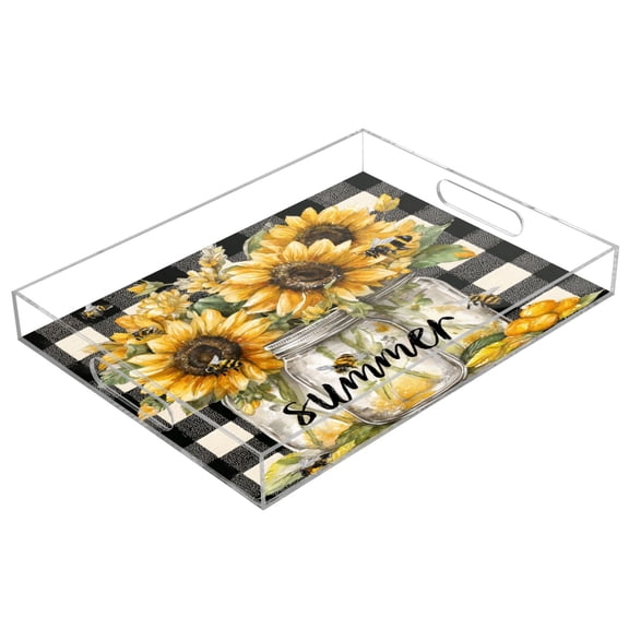 Acrylic Tray 15.7*11.8*1.9 Inch Transparent Tray Food Tray Tea Cup Tray Serving Trays Cosmetics Storage Kitchen Table Bathroom Sundry Storage Beautiful Yellow Sunflowers