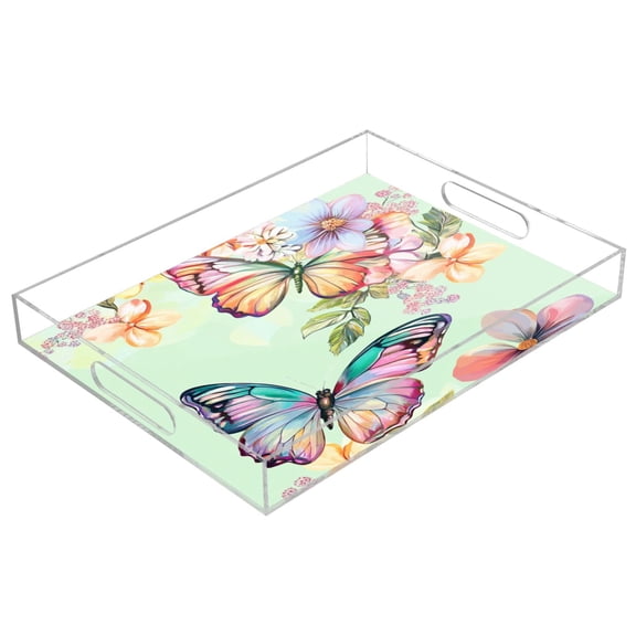 Acrylic Tray 15.7*11.8*1.9 Inch Transparent Tray Food Tray Tea Cup Tray Serving Trays Cosmetics Storage Kitchen Table Bathroom Sundry Storage Beautiful Pale Green Butterfly