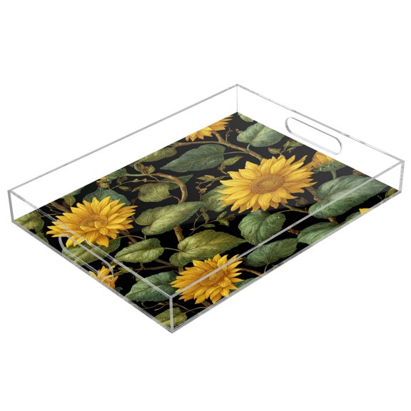 Acrylic Tray 15.7*11.8*1.9 Inch Transparent Tray Food Tray Tea Cup Tray Serving Trays Cosmetics Storage Kitchen Table Bathroom Sundry Storage Beautiful Yellow Sunflower