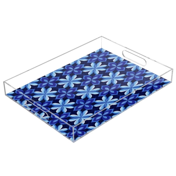 Acrylic Tray 15.7*11.8*1.9 Inch Transparent Tray Food Tray Tea Cup Tray Serving Trays Cosmetics Storage Kitchen Table Bathroom Sundry Storage Beautiful Dark Blue Pattern